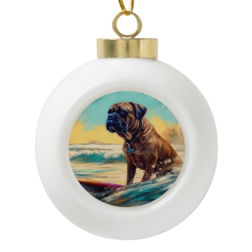Bullmastiff Beach Surfing Painting  Ceramic Ball Christmas Ornament