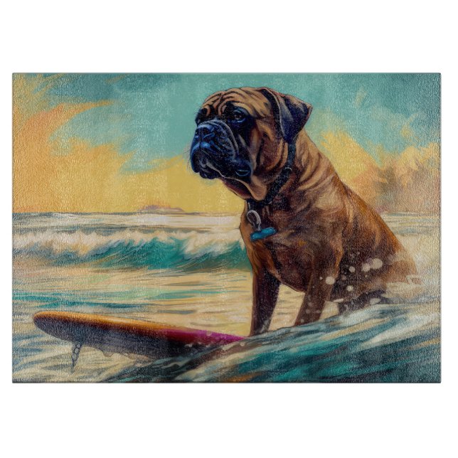 Bullmastiff Beach Surfing Painting  Cutting Board (Front)