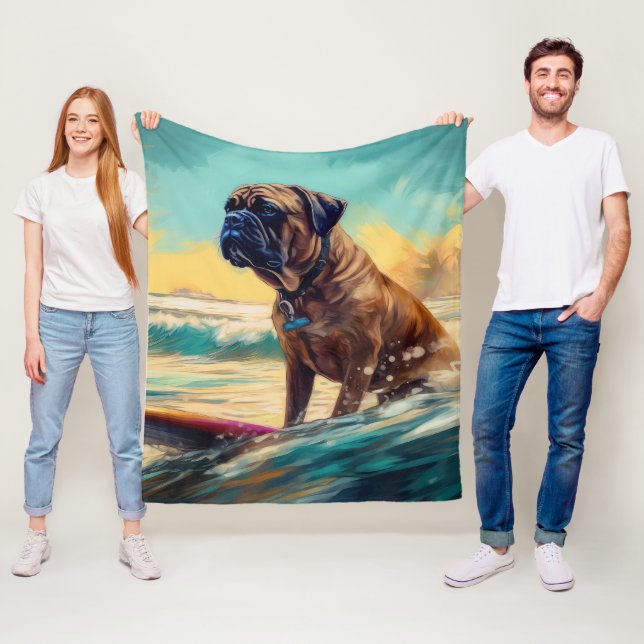 Bullmastiff Beach Surfing Painting  Fleece Blanket (In Situ)