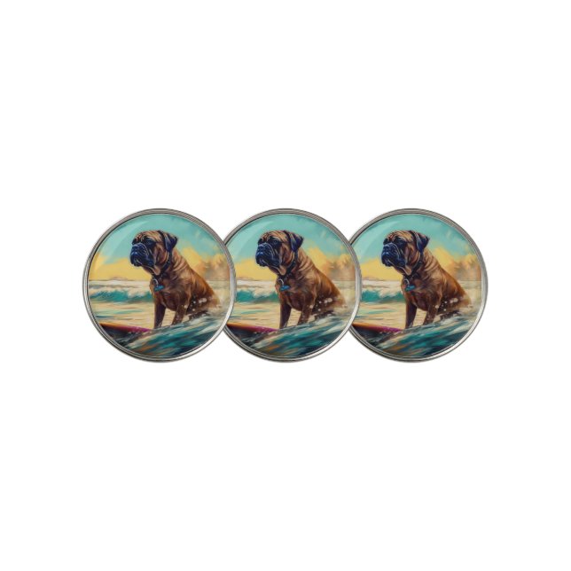 Bullmastiff Beach Surfing Painting  Golf Ball Marker (3 Up)