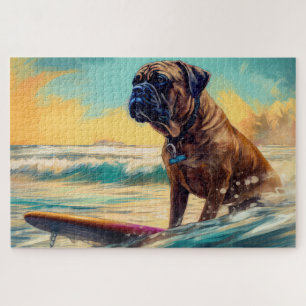 Bullmastiff Beach Surfing Painting Jigsaw Puzzle