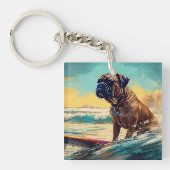 Bullmastiff Beach Surfing Painting  Keychain (Front)