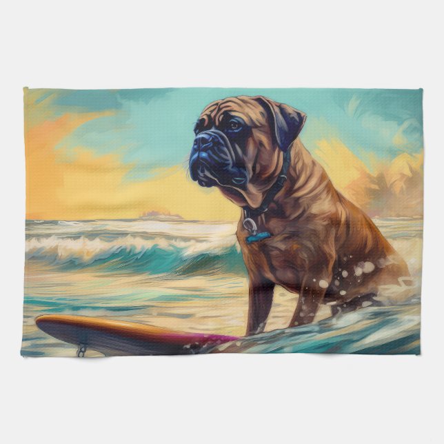 Bullmastiff Beach Surfing Painting  Kitchen Towel (Horizontal)