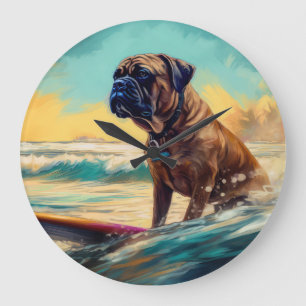 Bullmastiff Beach Surfing Painting Large Clock