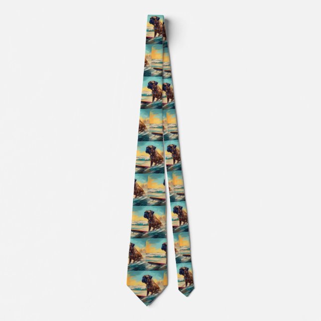 Bullmastiff Beach Surfing Painting  Neck Tie (Front)