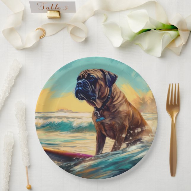 Bullmastiff Beach Surfing Painting  Paper Plates (Wedding)