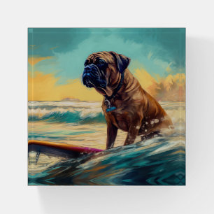Bullmastiff Beach Surfing Painting  Paperweight