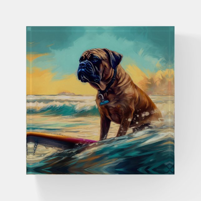 Bullmastiff Beach Surfing Painting  Paperweight (Front)