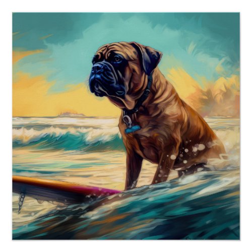 Bullmastiff Beach Surfing Painting  Poster