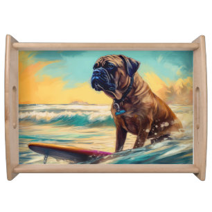 Bullmastiff Beach Surfing Painting Serving Tray
