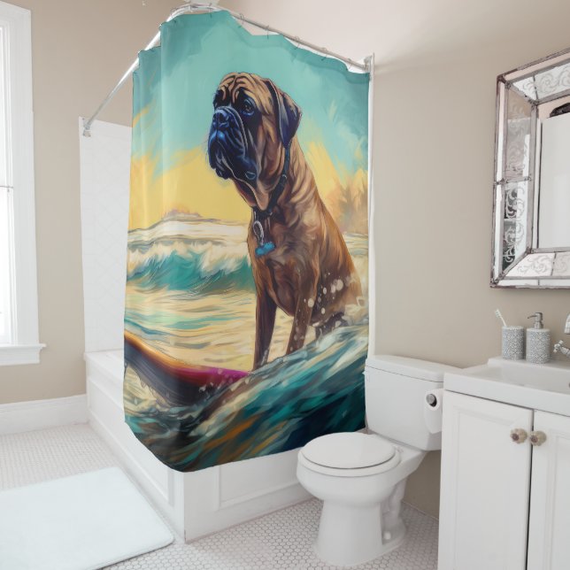 Bullmastiff Beach Surfing Painting  Shower Curtain (In Situ)