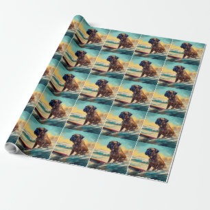 Bullmastiff Beach Surfing Painting Wrapping Paper