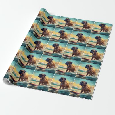 Bullmastiff Beach Surfing Painting  Wrapping Paper