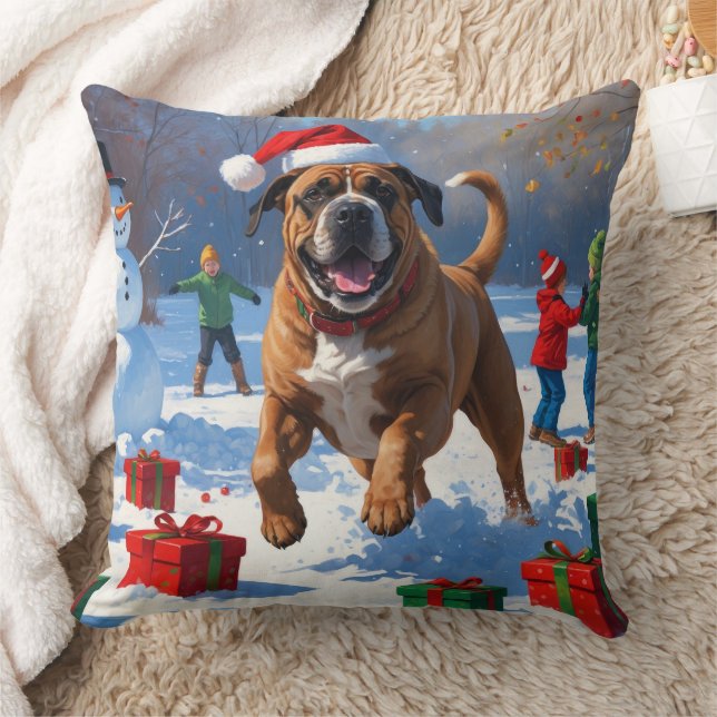 Bullmastiff Christmas Festive Snow Scene  Throw Pillow (Blanket)