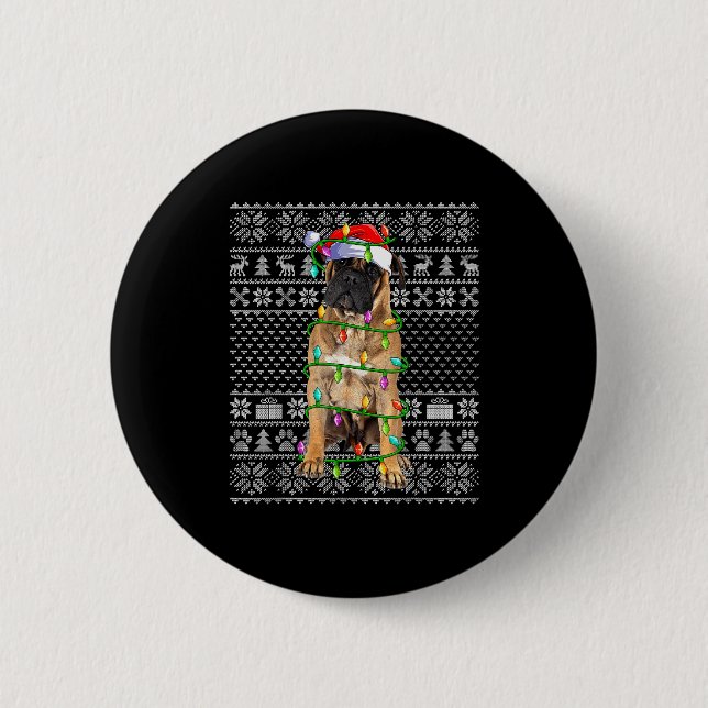 Bullmastiff Christmas Lights Ugly Sweater Funny Pe Button (Front)