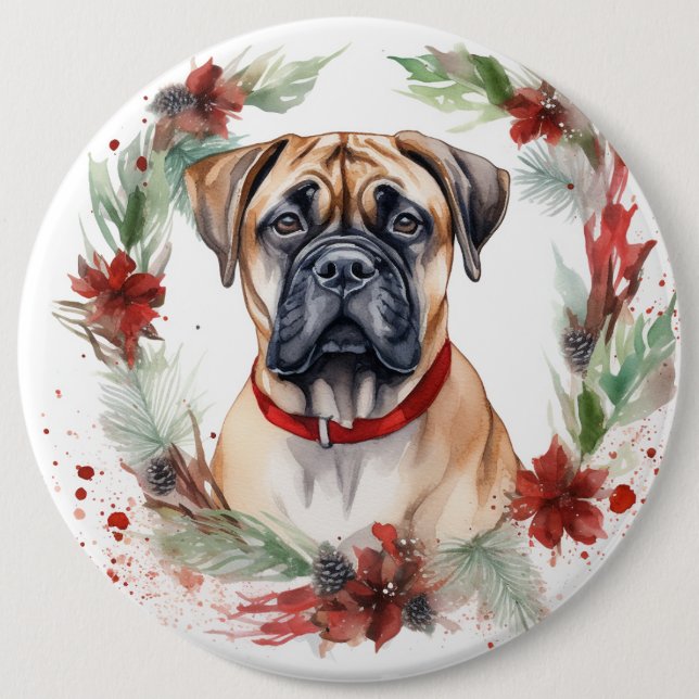 Bullmastiff Christmas Wreath Festive Pup  Button (Front)
