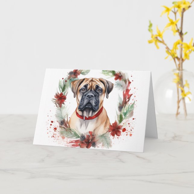 Bullmastiff Christmas Wreath Festive Pup  Card (Yellow Flower)