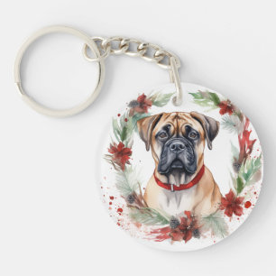 Bullmastiff Christmas Wreath Festive Pup Keychain