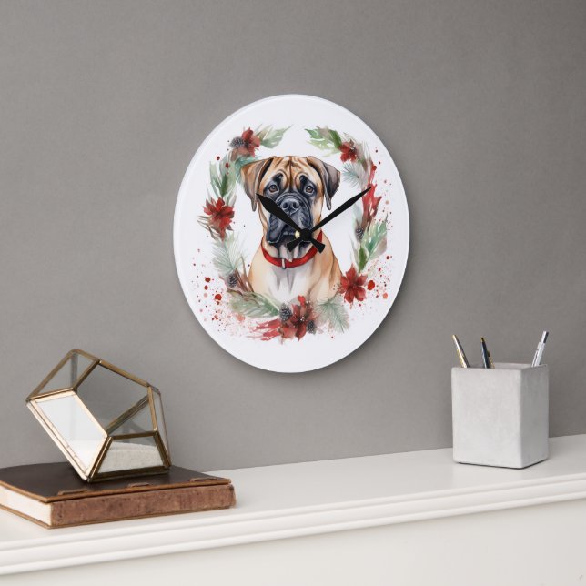 Bullmastiff Christmas Wreath Festive Pup  Large Clock (Office)