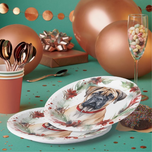 Bullmastiff Christmas Wreath Festive Pup  Paper Plates (Multi)
