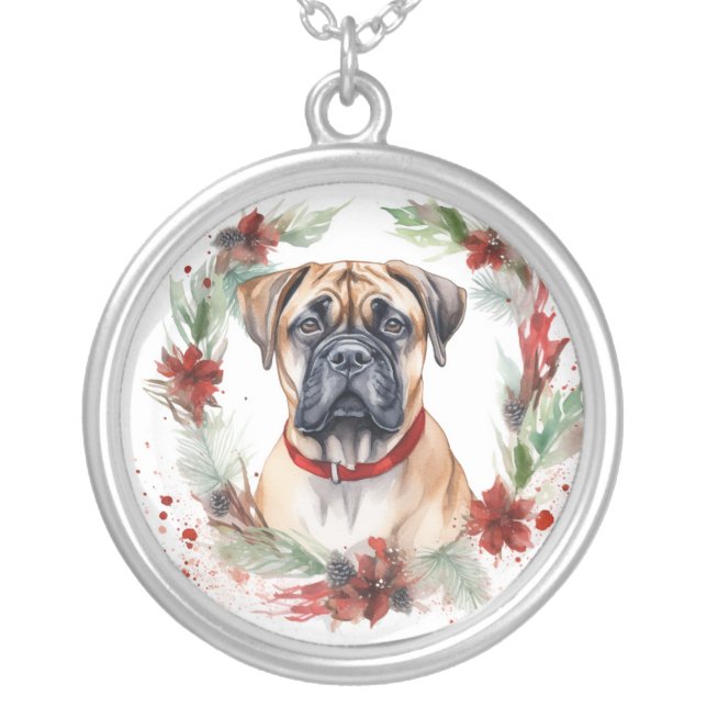 Bullmastiff Christmas Wreath Festive Pup  Silver Plated Necklace (Front)