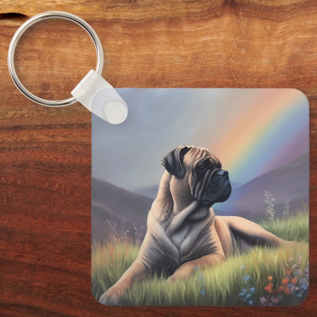 Bullmastiff Dog Custom Name Rainbow Art Memorial Keychain (Front)