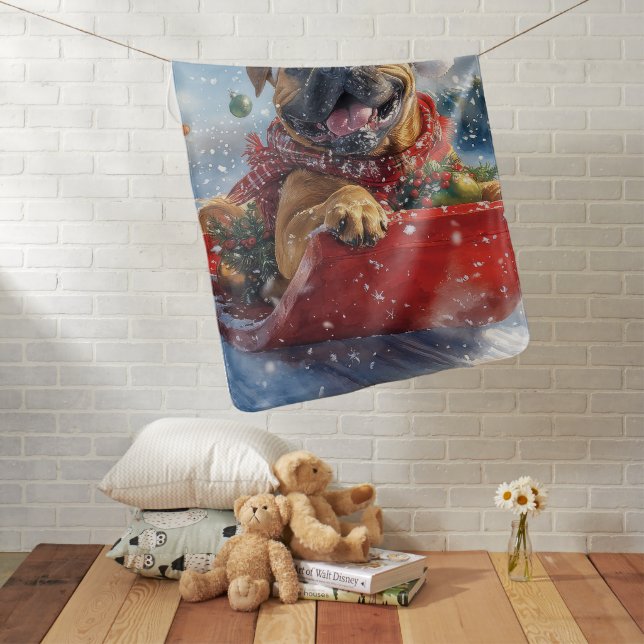 Bullmastiff Dog in Sledge Let it Snow Christmas Baby Blanket (In Situ)