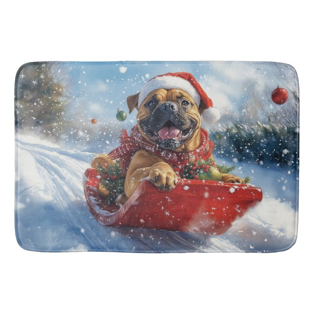 Bullmastiff Dog in Sledge Let it Snow Christmas Bath Mat (Front)