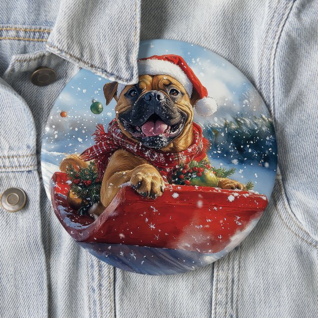 Bullmastiff Dog in Sledge Let it Snow Christmas Button (In Situ)