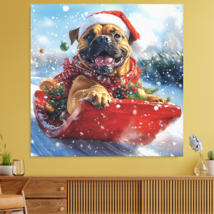 Bullmastiff Dog in Sledge Let it Snow Christmas Canvas Print