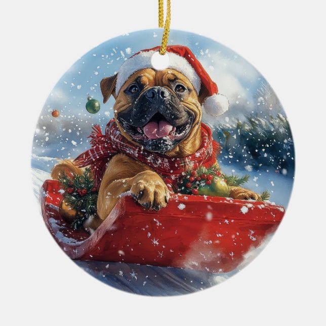 Bullmastiff Dog in Sledge Let it Snow Christmas Ceramic Ornament (Front)