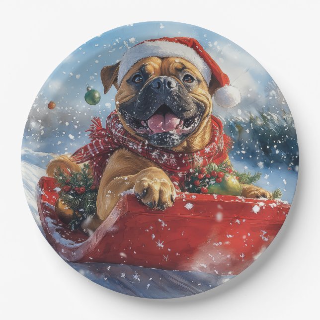 Bullmastiff Dog in Sledge Let it Snow Christmas Paper Plates (Front)