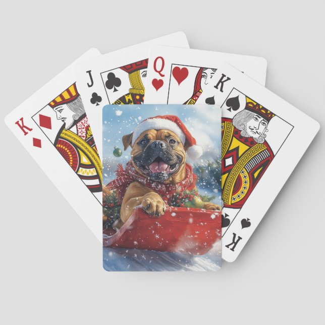 Bullmastiff Dog in Sledge Let it Snow Christmas Poker Cards (Back)