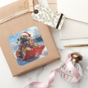 Bullmastiff Dog in Sledge Let it Snow Christmas Square Sticker