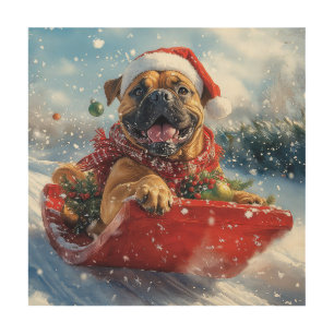 Bullmastiff Dog in Sledge Let it Snow Christmas Wood Wall Art