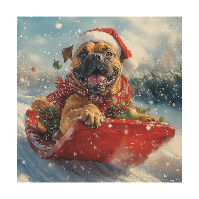 Bullmastiff Dog in Sledge Let it Snow Christmas Wood Wall Art (Front)