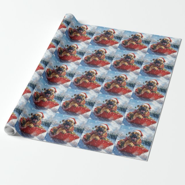 Bullmastiff Dog in Sledge Let it Snow Christmas Wrapping Paper (Unrolled)