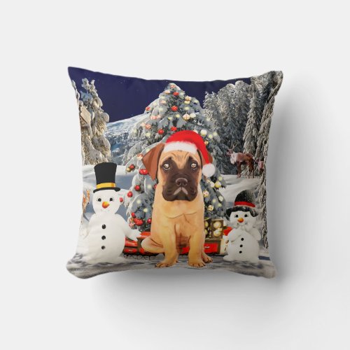 Bullmastiff Dog in snow Christmas Hat Lights Throw Pillow