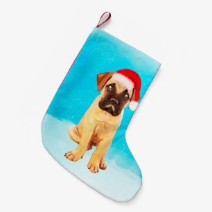 Bullmastiff Dog in snow Christmas Hat Small Christmas Stocking