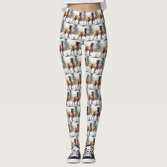 Bullmastiff Dog in Snow Christmas Leggings (Front)
