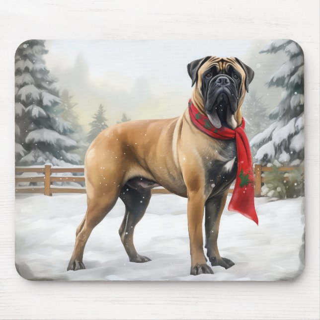 Bullmastiff Dog in Snow Christmas Mouse Pad (Front)