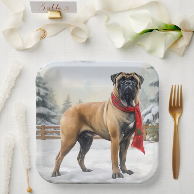 Bullmastiff Dog in Snow Christmas Paper Plates (Wedding)