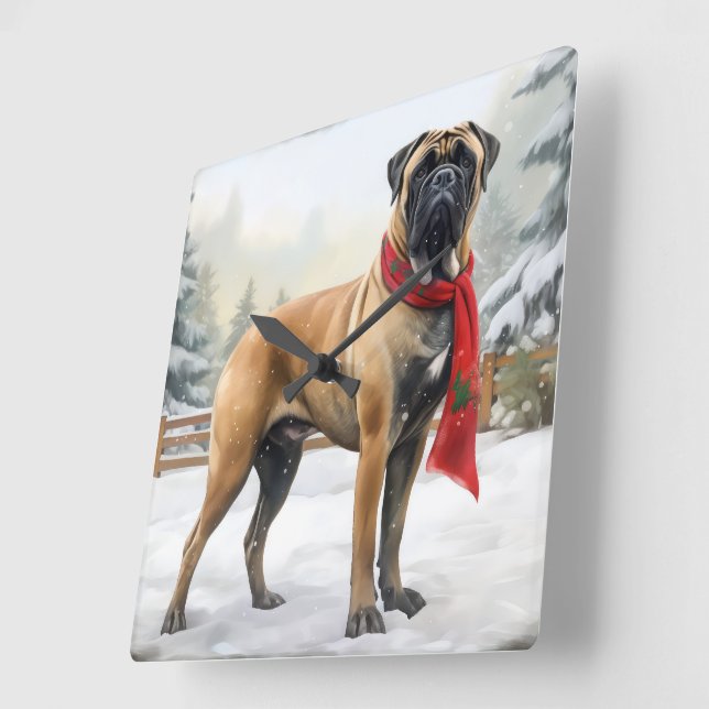 Bullmastiff Dog in Snow Christmas Square Wall Clock (Angle)