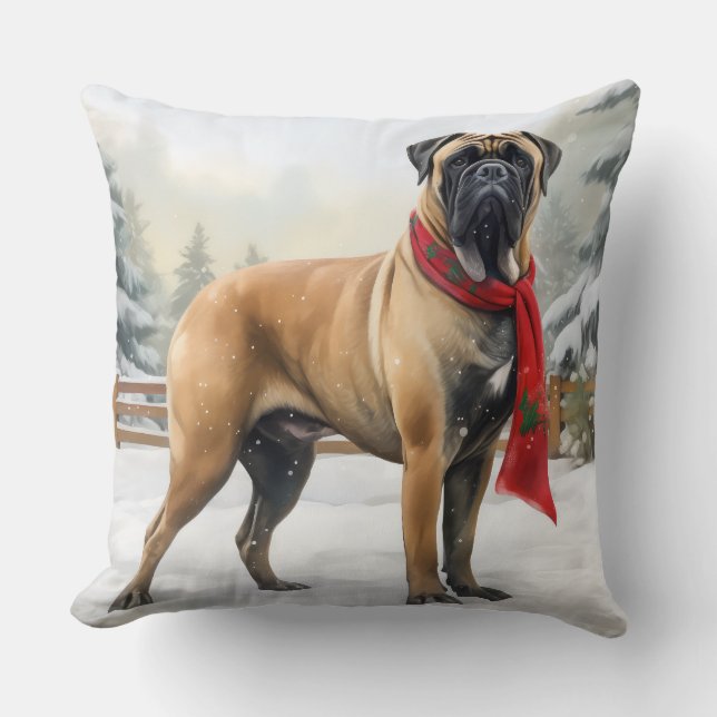 Bullmastiff Dog in Snow Christmas Throw Pillow (Front)