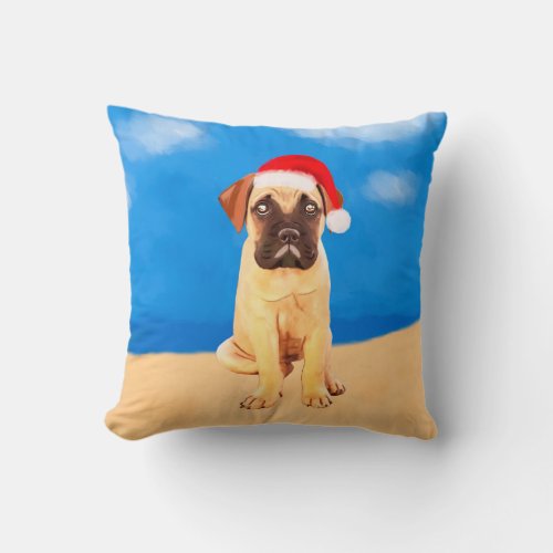 Bullmastiff Dog On Beach Christmas Holiday Throw Pillow