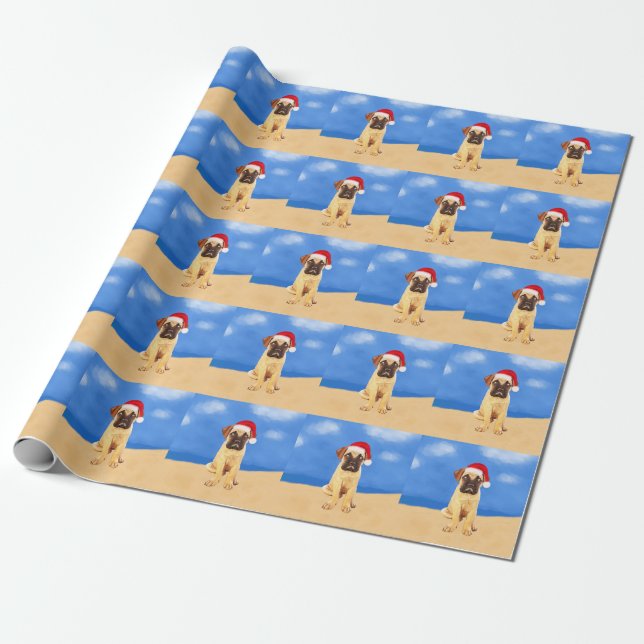 Bullmastiff Dog On Beach Christmas Holiday Wrapping Paper (Unrolled)
