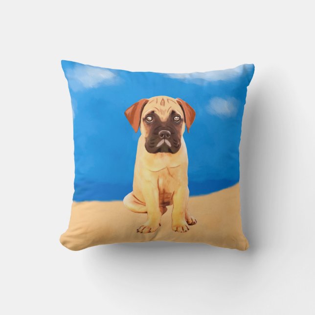 Bullmastiff Dog On Beach Throw Pillow (Front)
