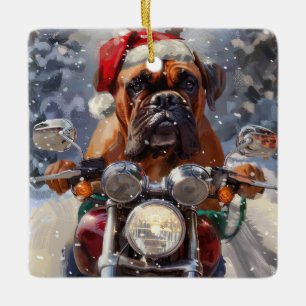 Bullmastiff Dog Riding Motorcycle Christmas Ceramic Ornament