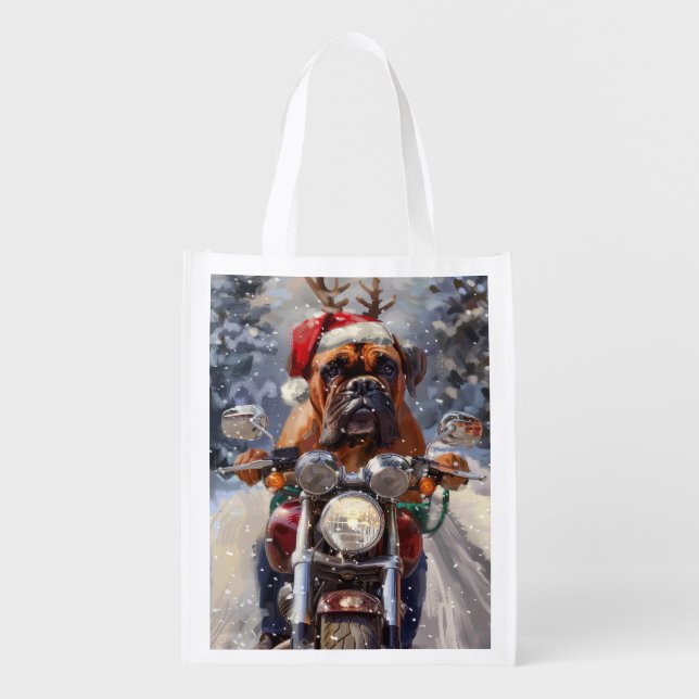 Bullmastiff Dog Riding Motorcycle Christmas  Grocery Bag (Front)