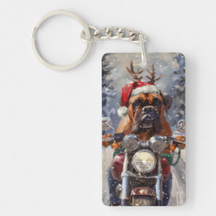Bullmastiff Dog Riding Motorcycle Christmas Keychain